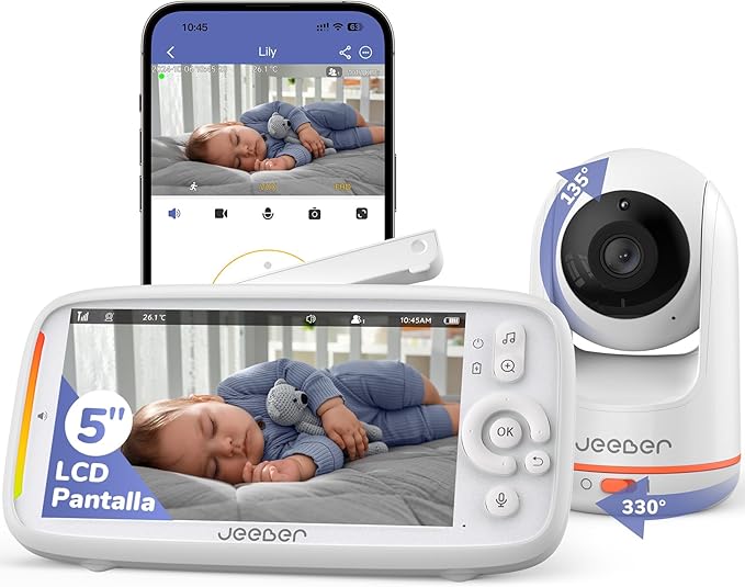 Cámara de vigilancia de bebé WiFi 2K con app móvil y pantalla IPS de 5 pulgadas