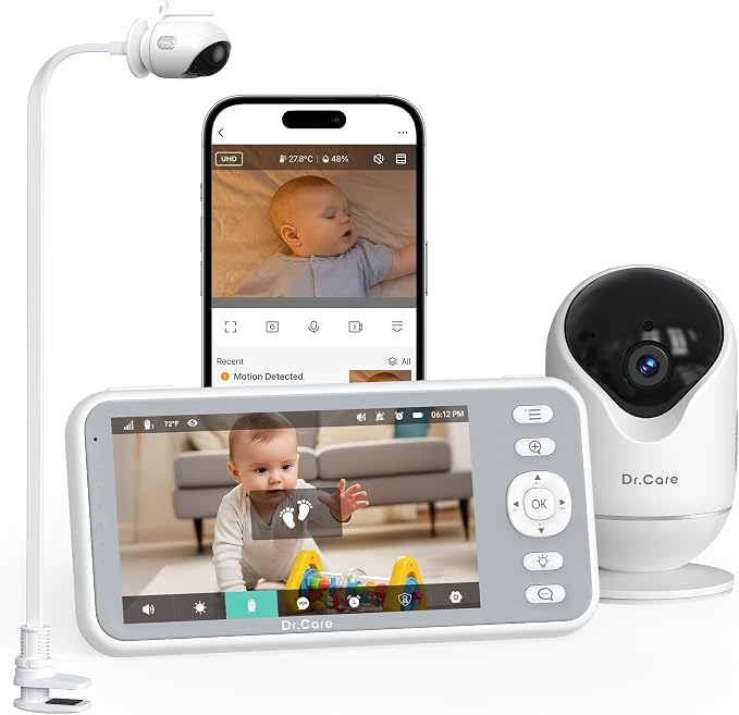 Cámara de vigilancia de bebé WiFi 2K con pantalla de 5 pulgadas y soporte con pinza