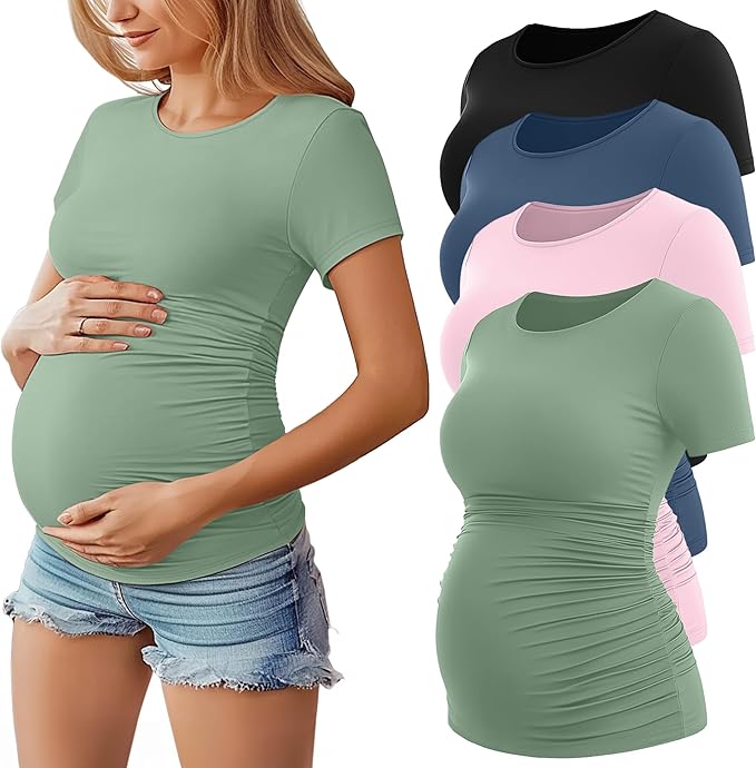 Pack de 4 tops premamá de manga corta con fruncido lateral ropa premamá embarazo
